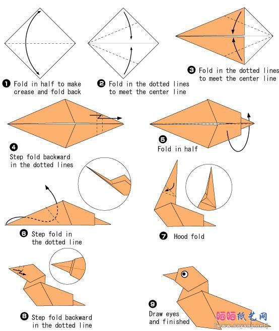 野鸭子折纸图解教程-儿童手工折纸系列