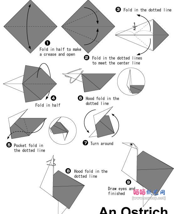 鸵鸟折纸图解教程-儿童折纸系列