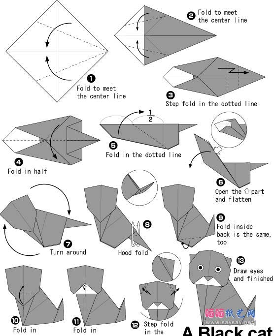 简单儿童折纸小黑猫手工折纸教程图解