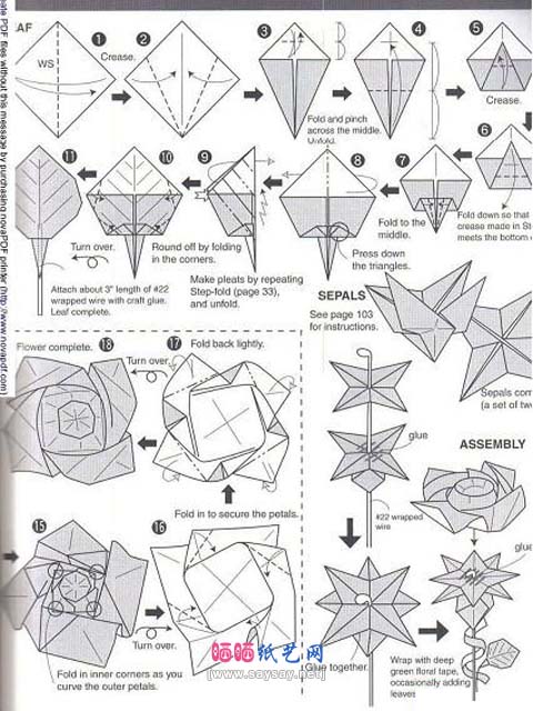 藤本月季花折纸教程图解-climbing rose折纸