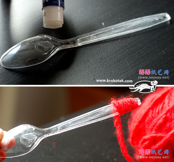 塑料勺子和御妆棉DIY精美圣诞老人挂件制作步骤图片2 