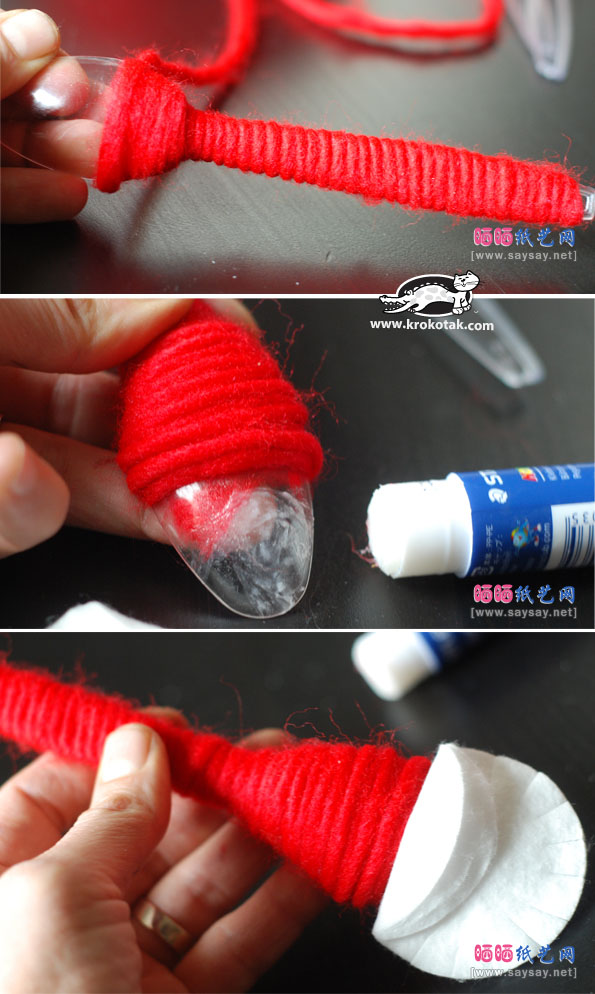 塑料勺子和御妆棉DIY精美圣诞老人挂件制作步骤图片3