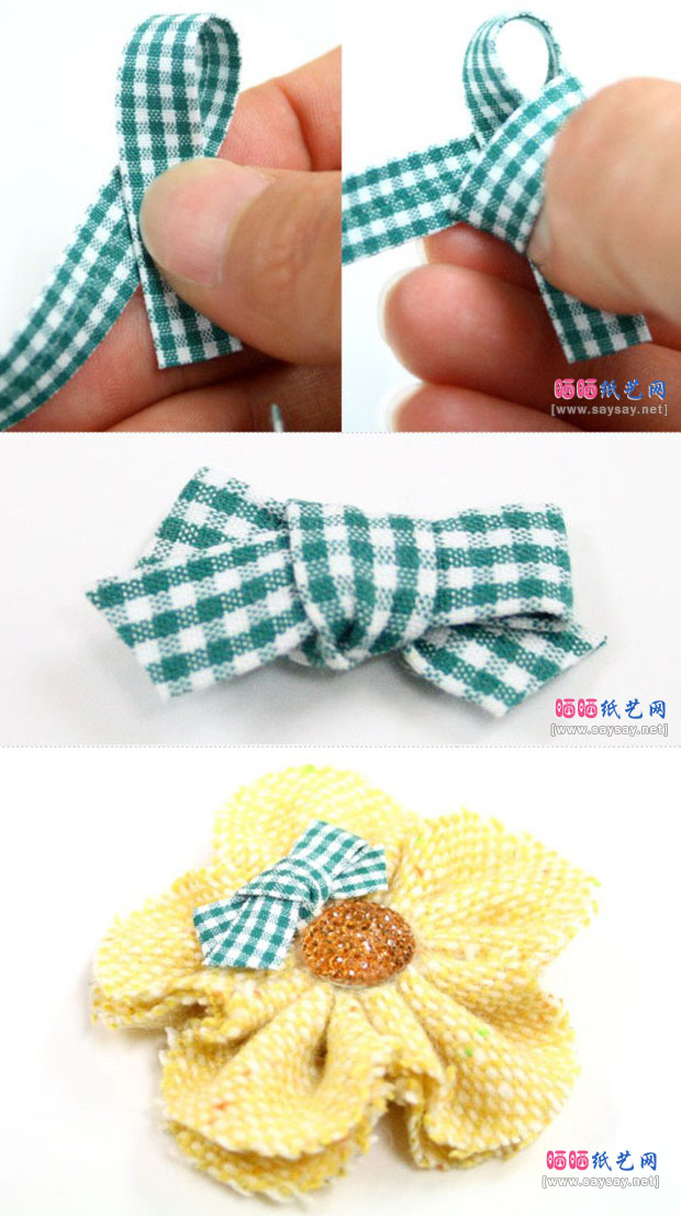 清新布艺蝴蝶结花朵发绳手工制作步骤图片4