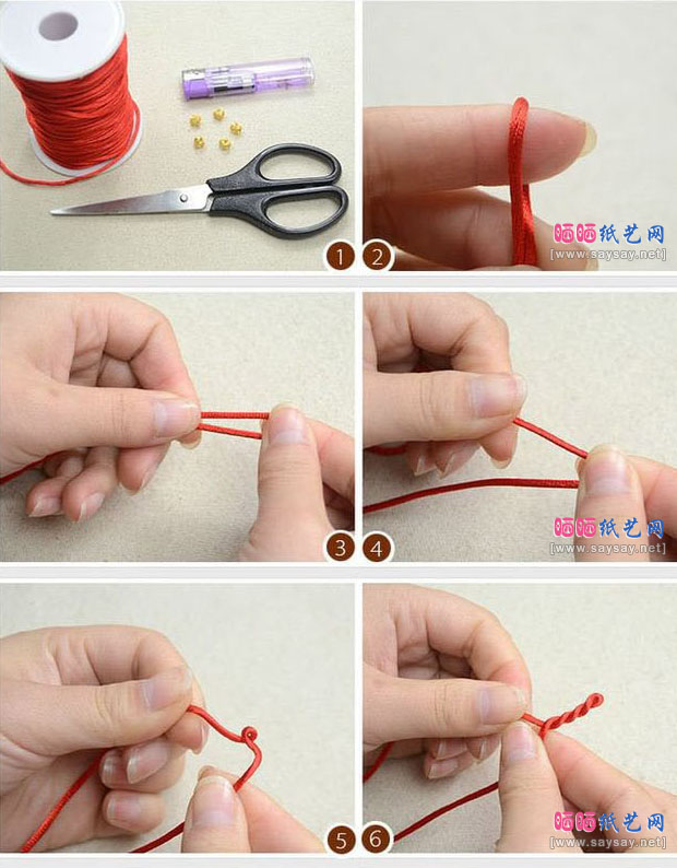 金珠串珠红绳手链编织教程方法步骤图片1