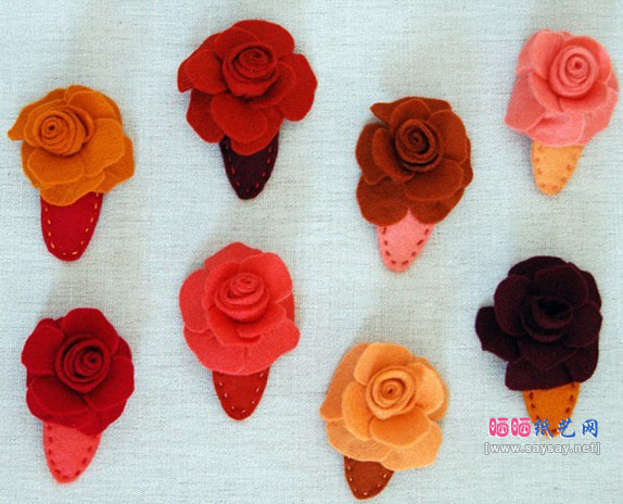 不织布DIY漂亮卷心玫瑰花发夹制作成品图