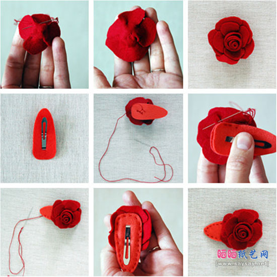 不织布DIY漂亮卷心玫瑰花发夹制作图片步骤2