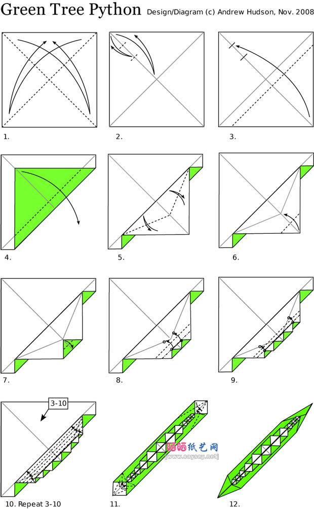 AndrewHudson的手工折纸花蛇的折法教程