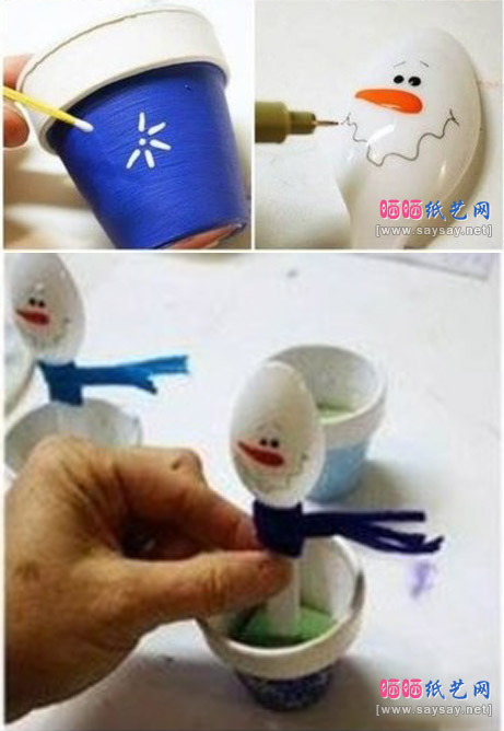 塑料勺子+纸杯制作圣诞装饰物雪人