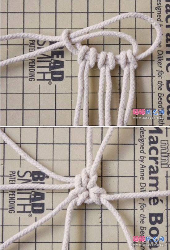 如何用绳子编织手工小篮子 绳储物篮制作详细图文教程的步骤：5，将固定主绳的珠针拔掉，把主绳末端倒转，穿过主绳头部的绳环拉紧成一个小圆。拉紧后如下图所示。
