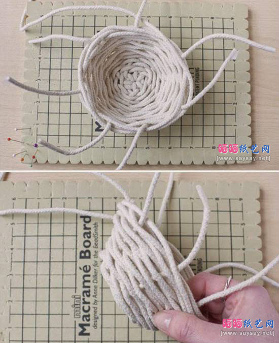 如何用绳子编织手工小篮子 绳储物篮制作详细图文教程的步骤：10，在编篮子的过程中，一定记得不要将绳子拉得太紧。
