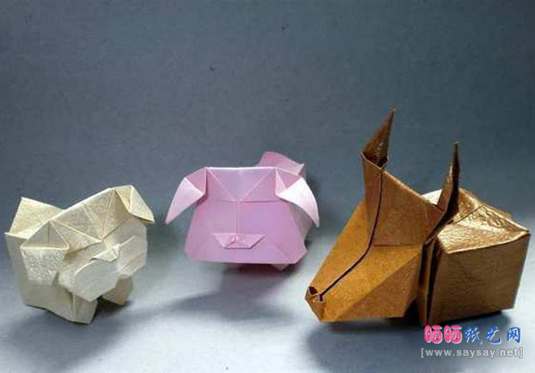 可爱方块折纸系列 方块猪狗牛折纸图谱教程完成效果图