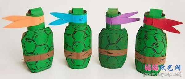 假期儿童手工：卷纸芯筒旧物改造DIY忍者神龟手指木偶玩具的手工制作教程