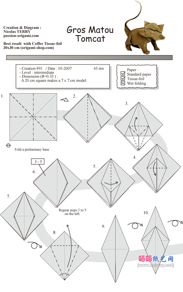 NicolasTERRY折纸教程猫的纸艺折法图片步骤1