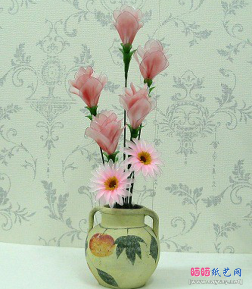 姜荷、马蹄莲、非洲菊丝网花制作漂亮家居装饰插花