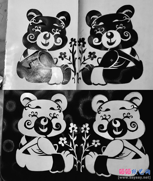 可爱的带花儿小熊剪纸制作图片欣赏-www.saybb.net