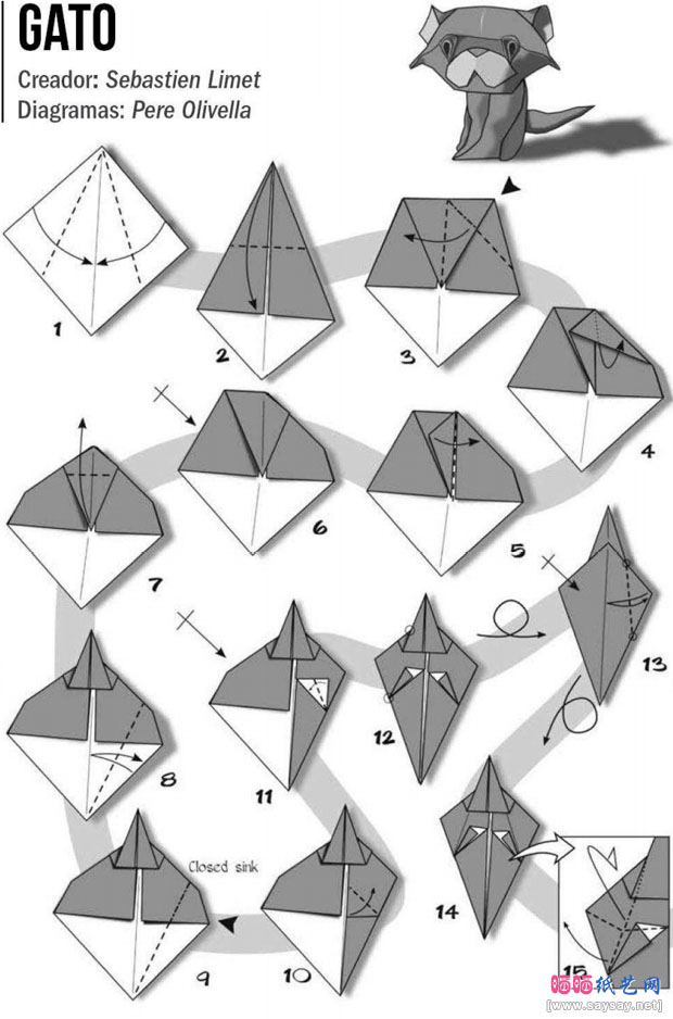 Sebastien Limet的小猫折纸教程图片步骤1-WWW.SAYSAY.NET