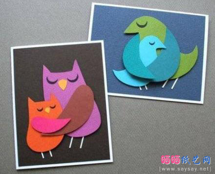 DIY可爱的小鸟和鸟妈妈剪纸拼贴画完成效果图-www.saybb.net