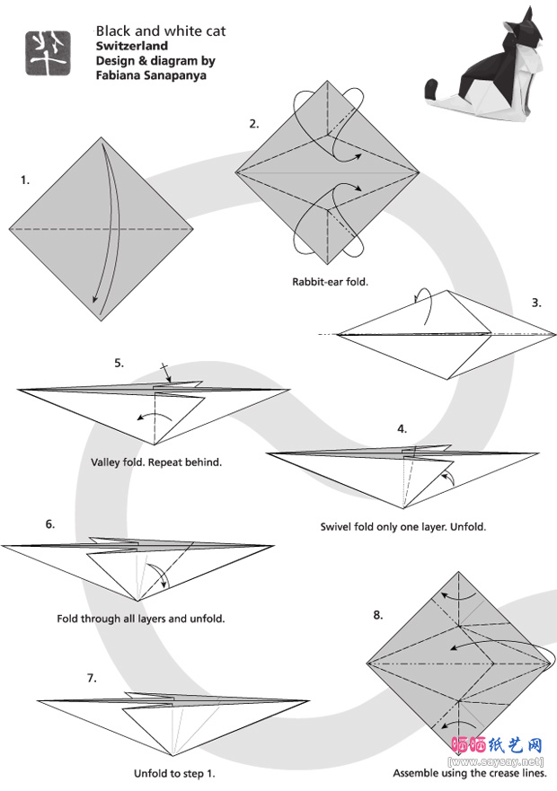 FabianaSanapanya手工折纸黑白猫的折法图片步骤1-www.saybb.net