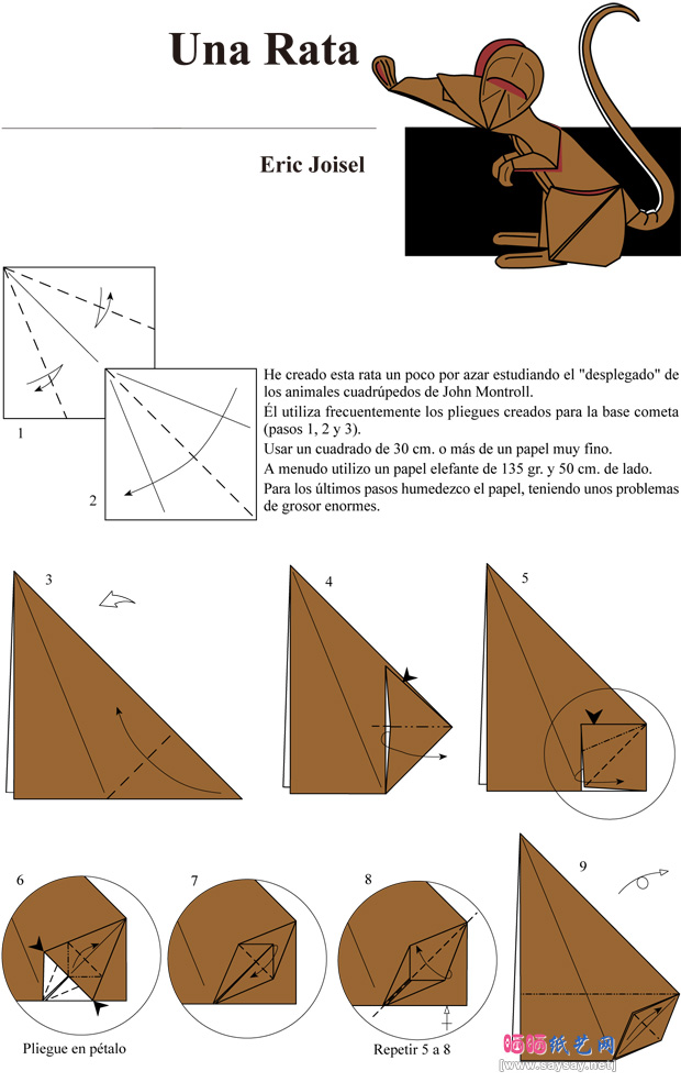 机灵的卡通老鼠折纸图谱教程步骤1-www.saybb.net