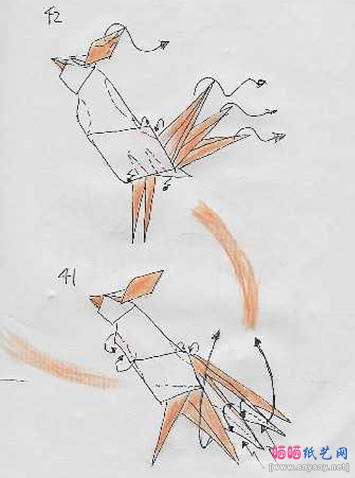 啼叫的大公鸡折纸教程步骤7-www.saybb.net