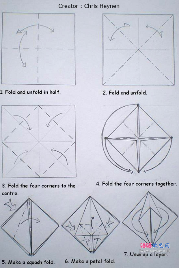 Chris Heynen设计的五头纸鹤折纸图谱教程步骤1-www.saybb.net
