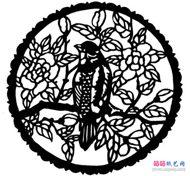 喜鹊侧头观望静立剪纸图案-www.saybb.net